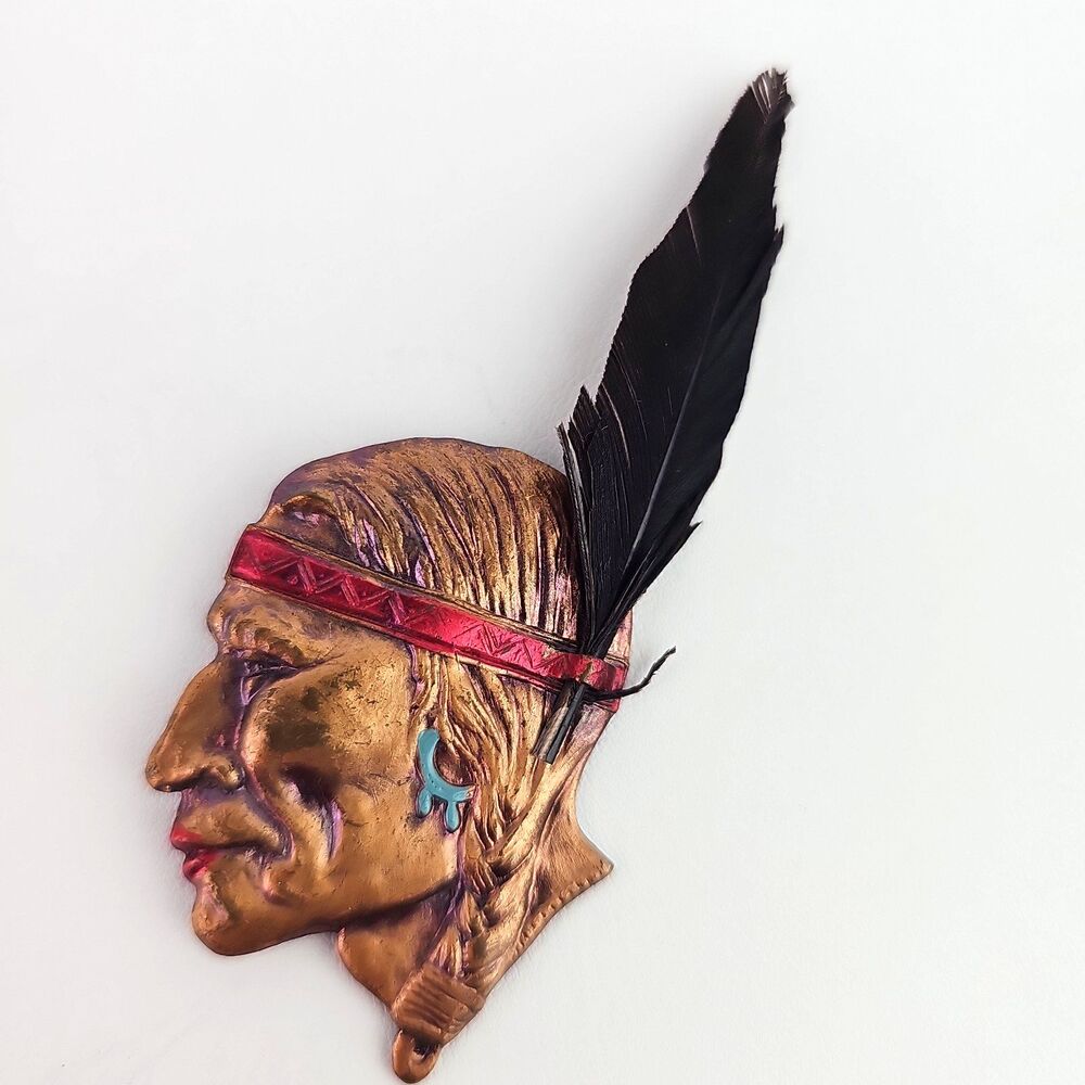 Vintage Native American Indian Face Brooch Feather Copper Metal 2 inch